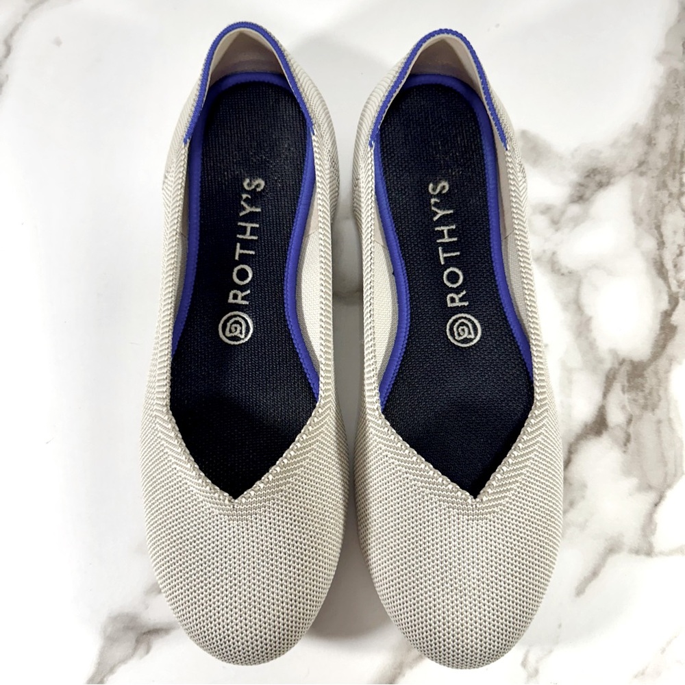 Rothy's The Flat Beige Gray Blue Knit Round Toe Casual Ballet Women’s Flats, 8.5